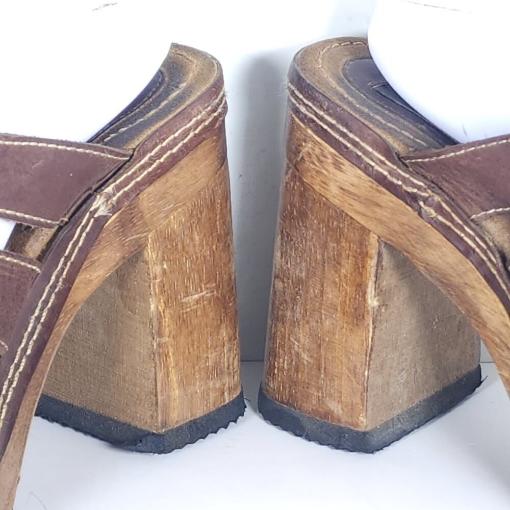 Bongo Women's Vintage 90s Y2K US10 Brown Leather Wooden Chunky Platform Sandals - Picture 14 of 16
